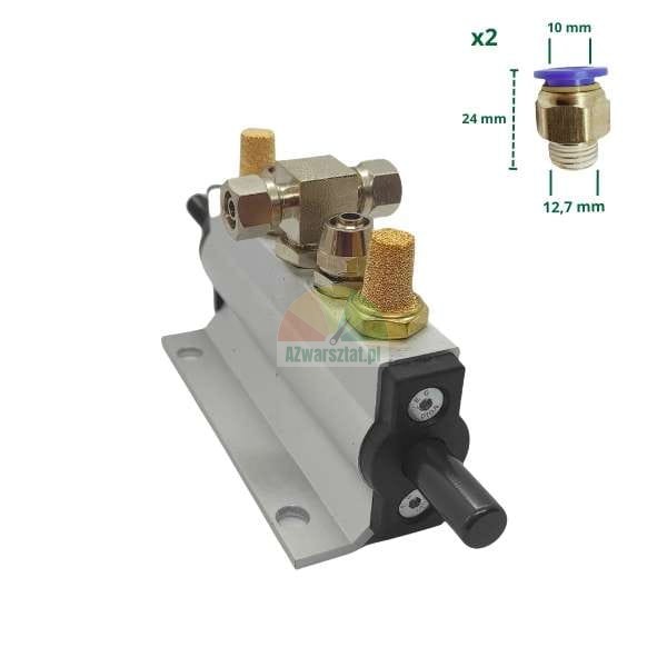 Pneumatic control valve with silencers and two additional push-in fittings with dimensions 10 mm and 24 mm height.