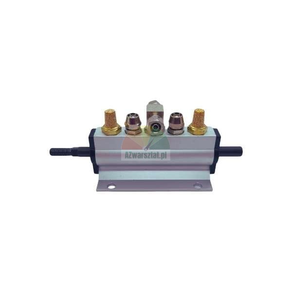 Pneumatic valve block with brass silencers and connectors on a metal mounting bracket.