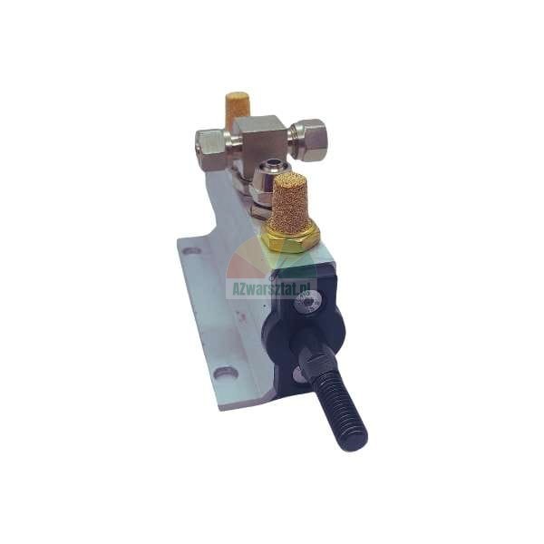 Pneumatic cylinder with brass silencers and fittings on a white background.