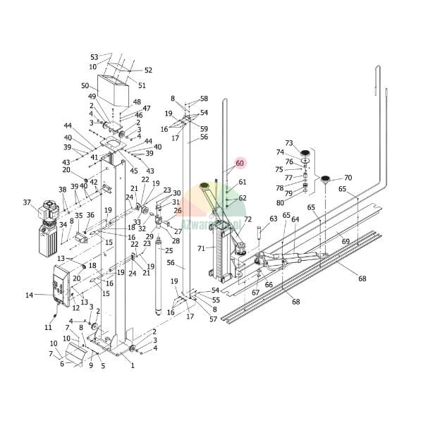 Technical exploded view diagram of a lifting machine with part 60 highlighted.