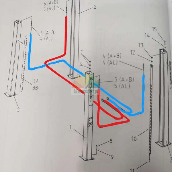 Technical diagram of a post lift with numbered components and highlighted red and blue lines representing cables or hydraulic hoses running through the posts.
