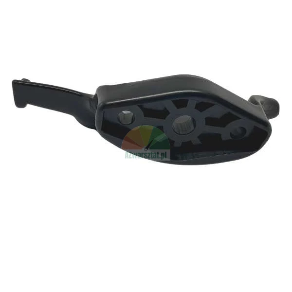 Close-up of a black plastic component with a lever and mounting holes on a white background
