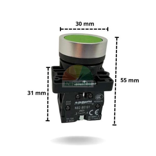Green lift push button 2 x NO with dimensions