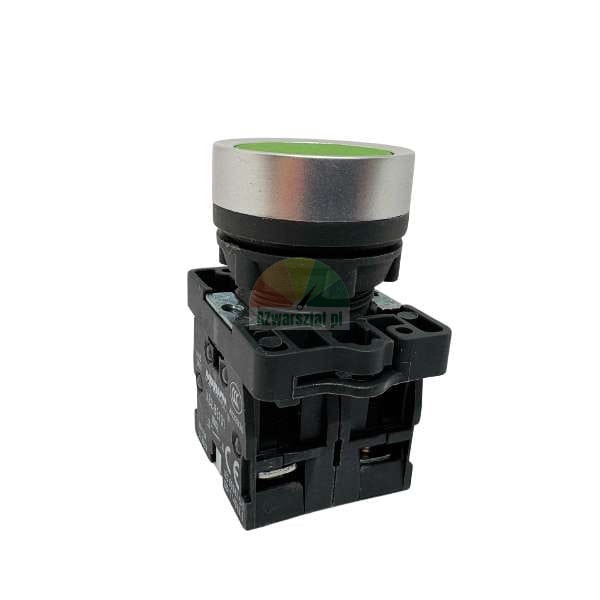 Green flush push button switch with metal bezel and contact block for industrial control panels