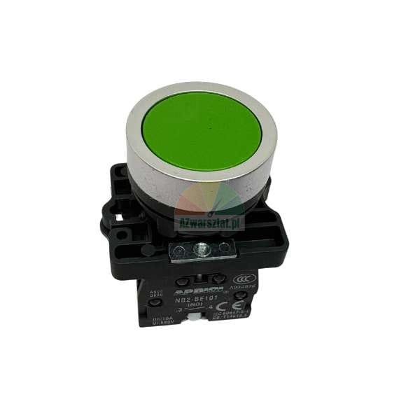 Green industrial push button with silver bezel and black contact block