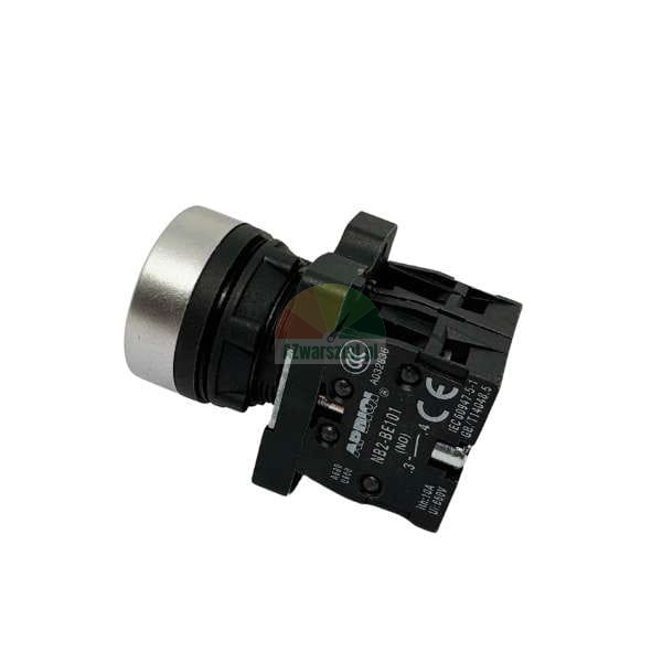 Industrial push button switch with contact block NB2-BE101 NO, silver metallic actuator.