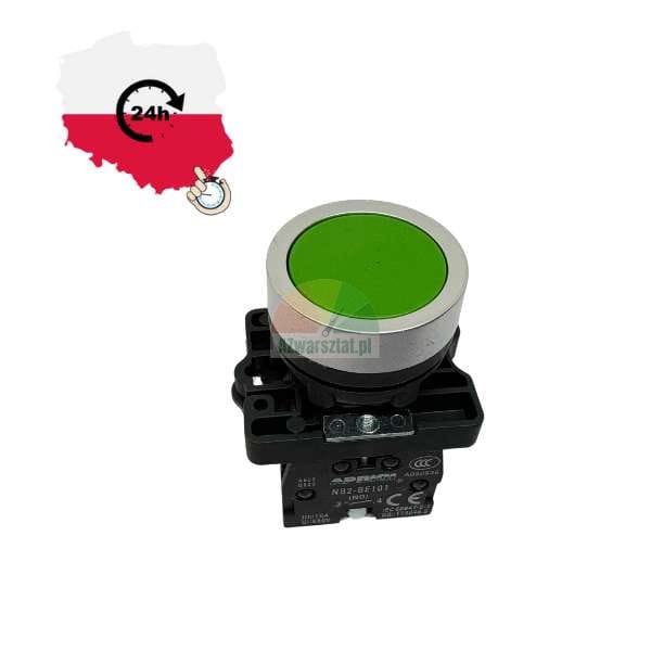 Green industrial push button with contact block NB2-BE101 and 24h delivery icon from Poland