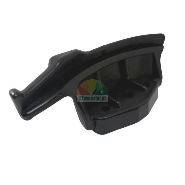 Black plastic guide component with structural ribs and two mounting holes.