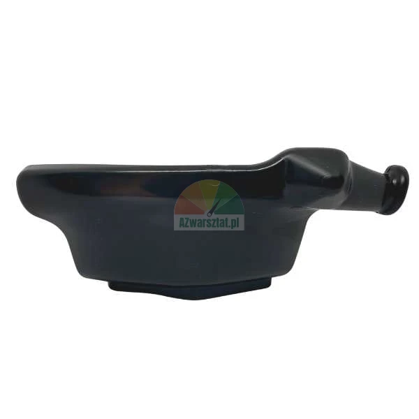 Black glossy ceramic bowl with a stylized bird-head shaped handle on a white background