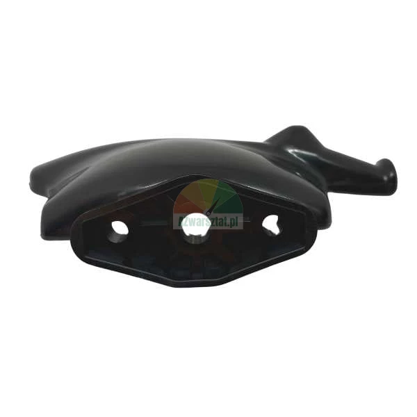 Black handle for a pot or pressure cooker, bottom view showing mounting holes.