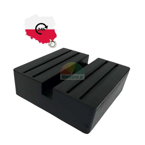 Black rubber jack pad with a groove for car lifting featuring a 24h shipping icon from Poland