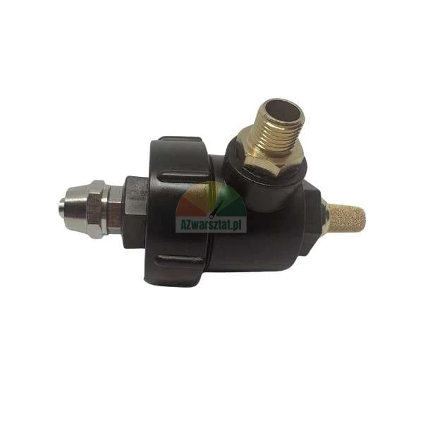 Black pneumatic valve with brass fittings and a silencer.