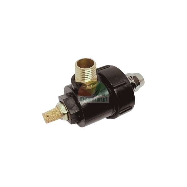 Quick exhaust valve in a black housing with a brass connection and a golden sintered muffler.