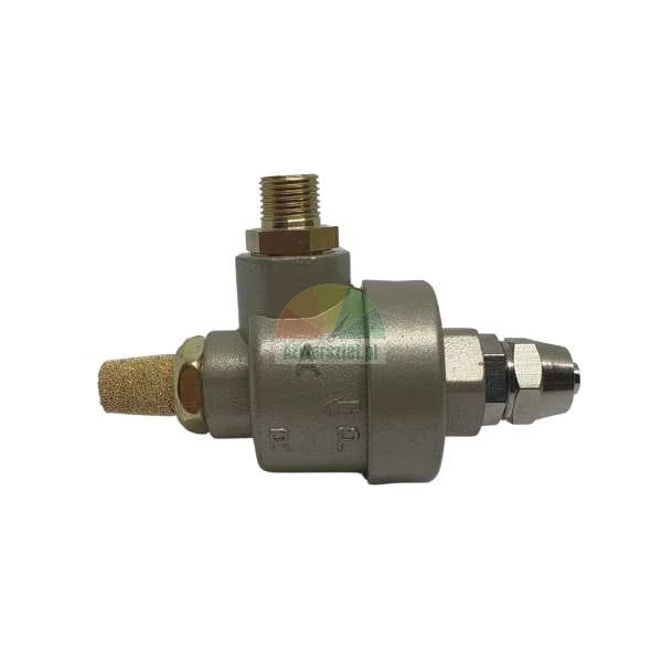 Quick exhaust valve with a brass silencer and port markings A, P, and R.