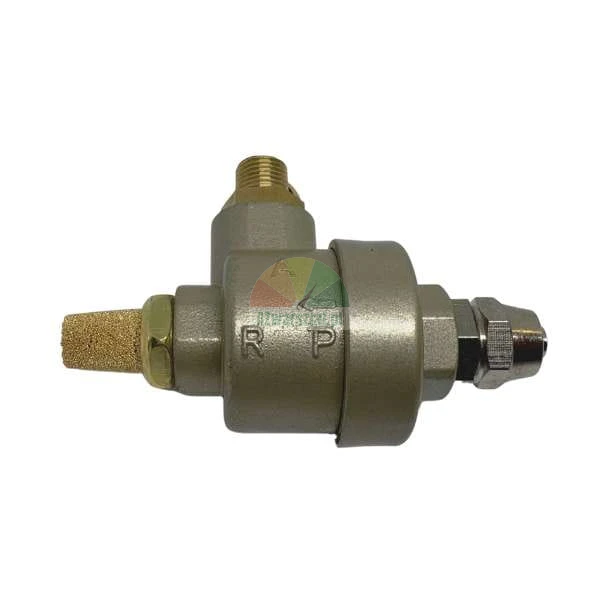 Quick exhaust valve with a brass silencer and metal body featuring A, R, and P markings.