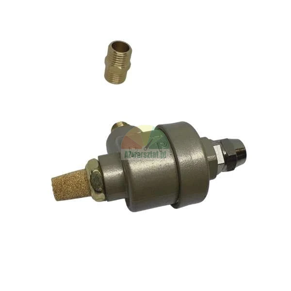 Pneumatic quick exhaust valve with a sintered bronze silencer and a brass threaded fitting on a white background.
