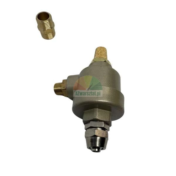 Metal pneumatic valve with a brass silencer and an additional nipple on a white background.