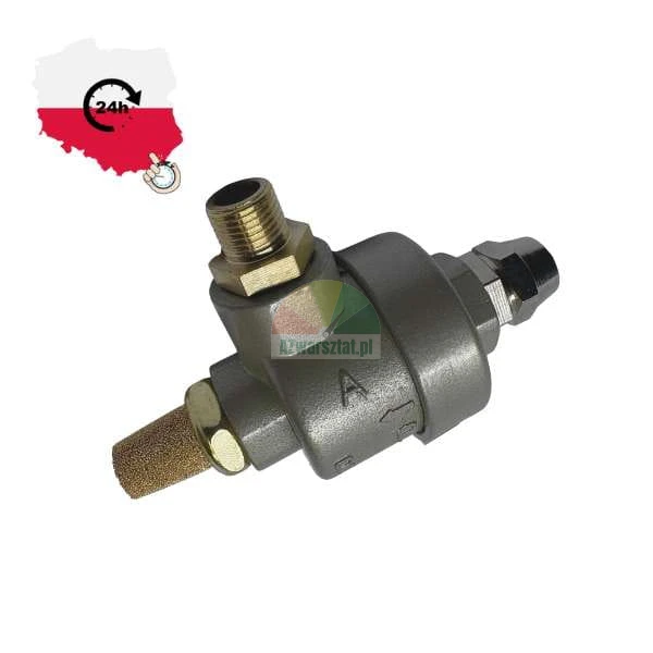 Pneumatic quick exhaust valve with a brass muffler and threaded connections.