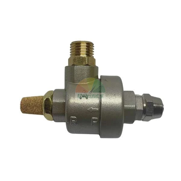 Metal quick exhaust valve with a brass silencer and threaded connections.