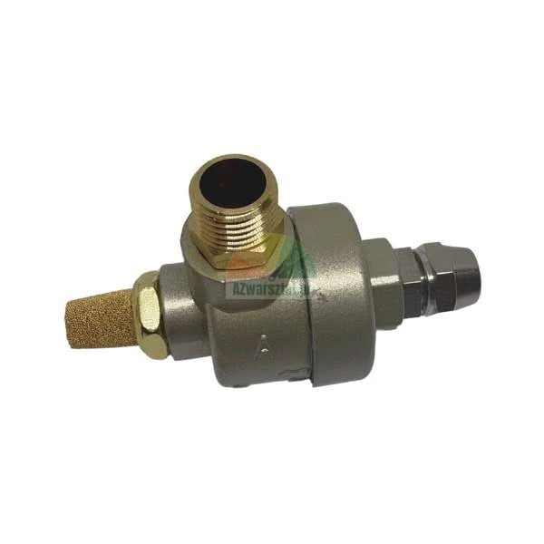 Quick exhaust valve with brass muffler and threaded connections on a white background.