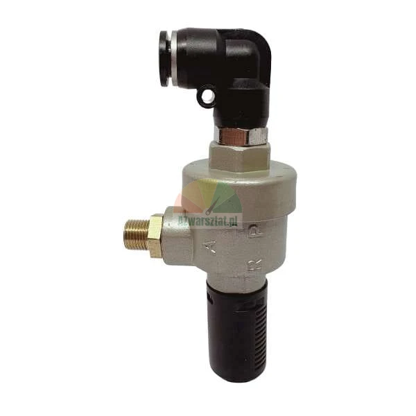 Pneumatic quick exhaust valve with silencer and elbow fitting.