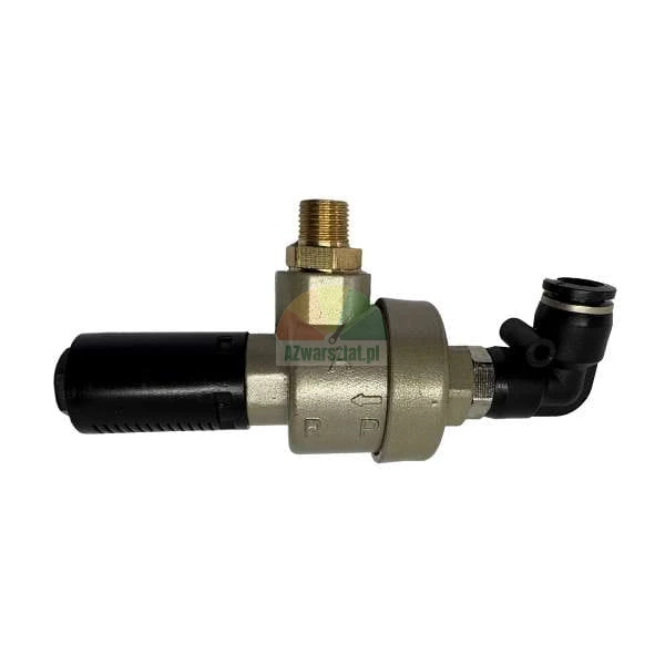 Metal pneumatic valve with black elbow connector and brass thread.