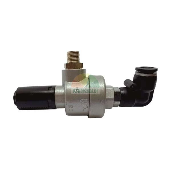 Silver pneumatic valve with black fittings and embossed letters A, P, R.