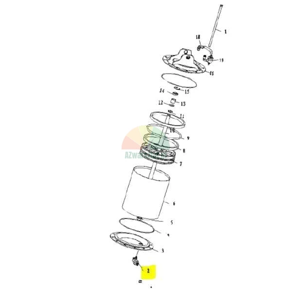 Exploded view diagram of a mechanical cylinder assembly with part number 2 highlighted in yellow.