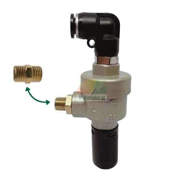 Pneumatic quick exhaust valve with silencer, elbow push-in fitting, and brass nipple indicated by a green arrow.