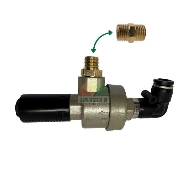 Pneumatic valve with a brass nipple and a green arrow indicating assembly