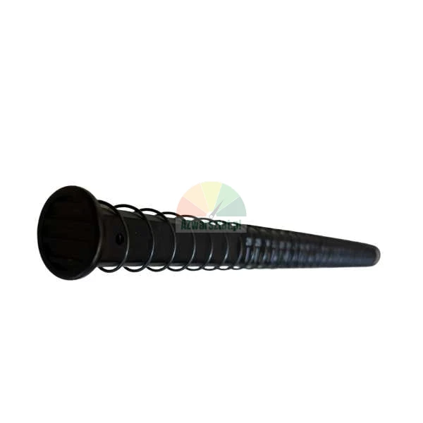 Long black structural element with a metal spiral coil on a white background.