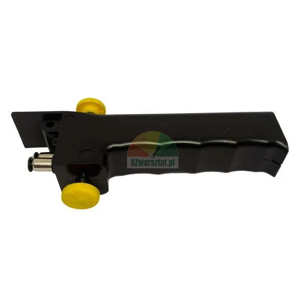 Black pistol grip handle with ergonomic finger grooves, two yellow knobs, and a metal connector on a white background.