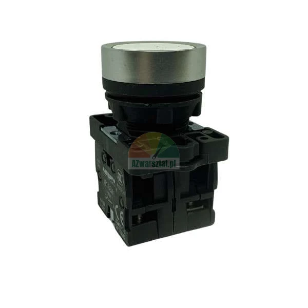 Industrial pushbutton switch with a silver metallic actuator and black plastic base