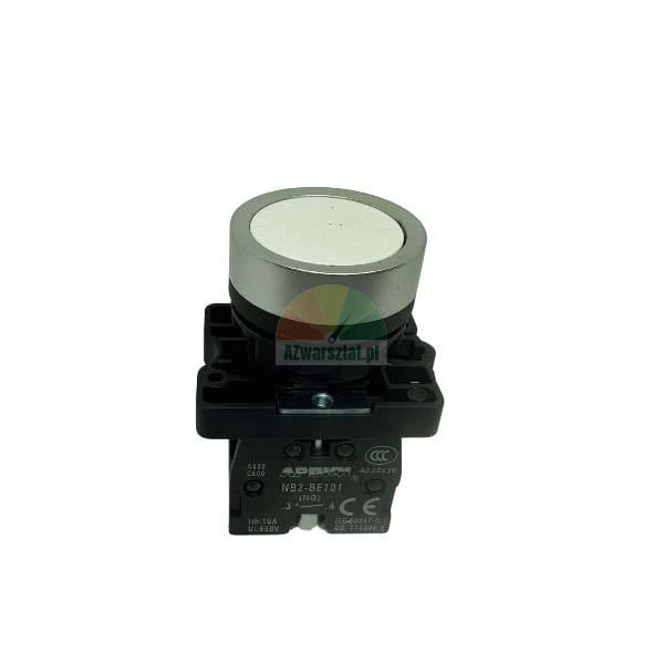 White industrial push button switch, model NB2-BE101 NO, with a silver bezel and black mounting base.