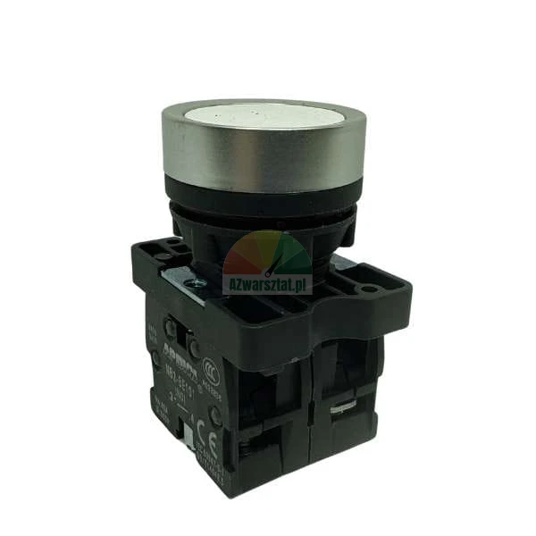 Industrial push button switch with a silver metal top and a black plastic mounting block.