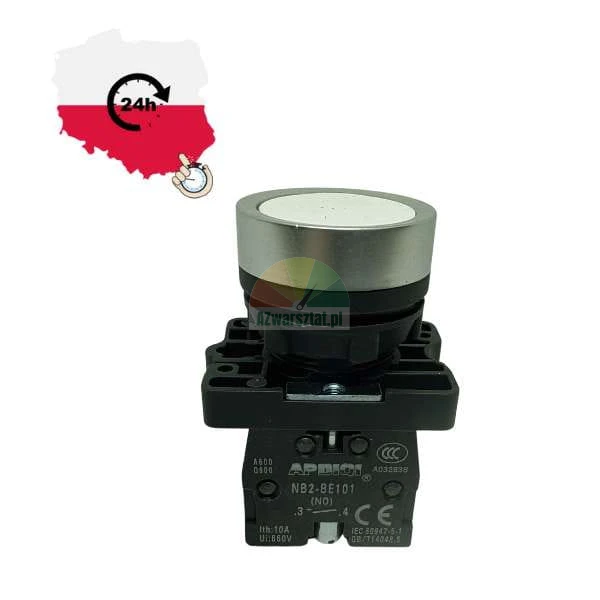 White momentary push button switch model NB2-BE101 with a graphic indicating 24h shipping from Poland