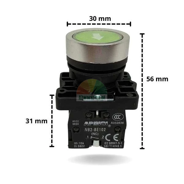 Green control button with up-down arrow 1 x NC, dimensions 30x56mm