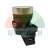 Industrial control pushbutton with a silver metallic ring and black mounting body