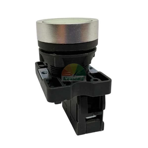 Industrial control pushbutton with a silver metallic ring and black mounting body