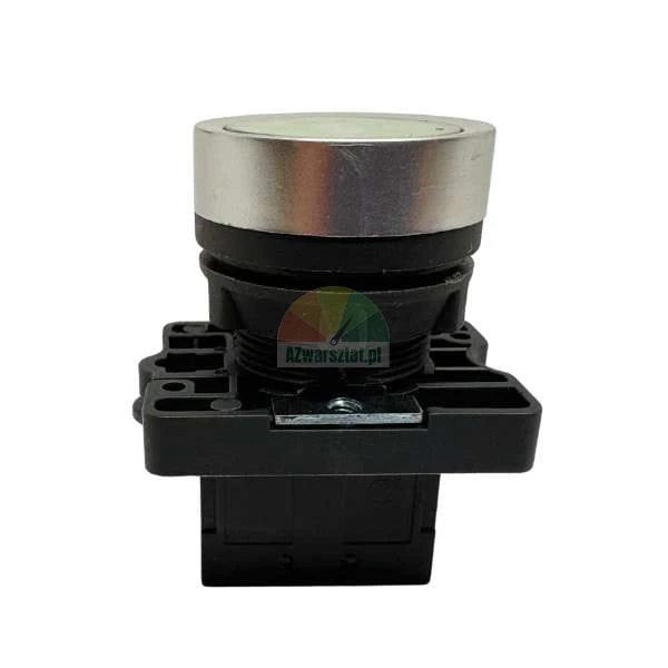 Industrial push button switch with silver bezel and black mounting base.