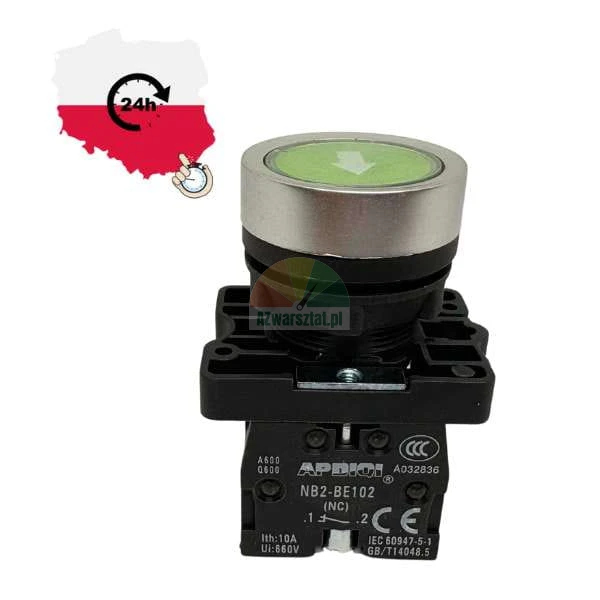 Green industrial control push button with a white down arrow APDIQI model NB2-BE102 NC