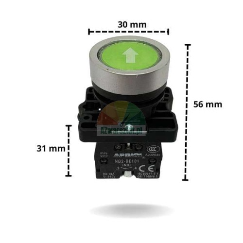 Green control button with up arrow, 1 x NO, with dimensions