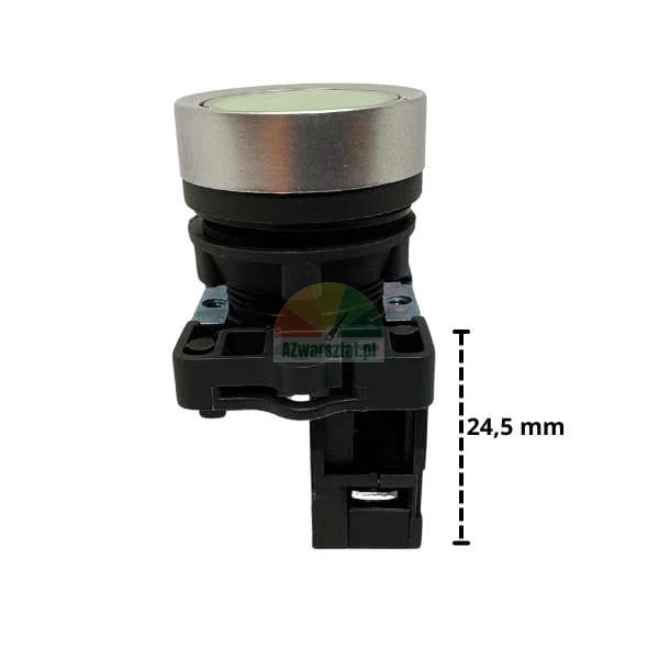 Industrial push button switch with silver metal bezel and 24,5 mm height dimension on black mounting base.