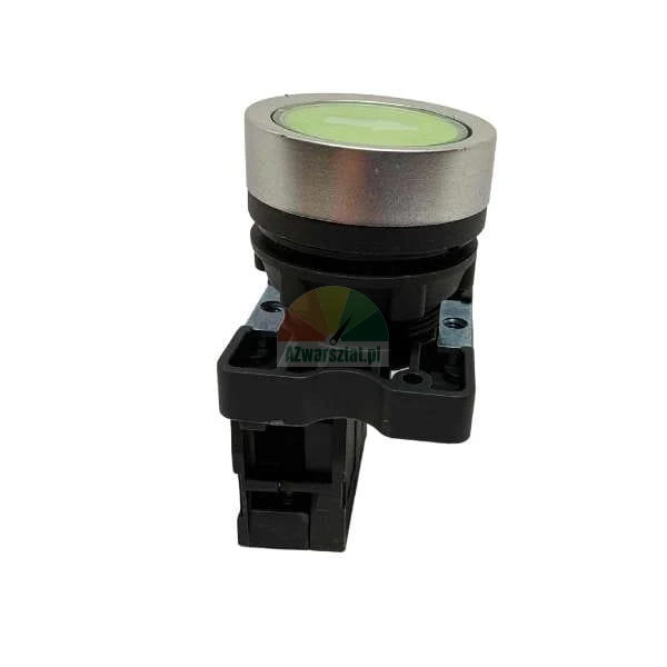Green control pushbutton with a white arrow in a silver housing on a black base.