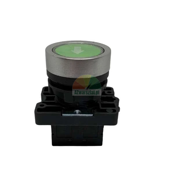 Green industrial push button with a down arrow, silver bezel, and black plastic base.