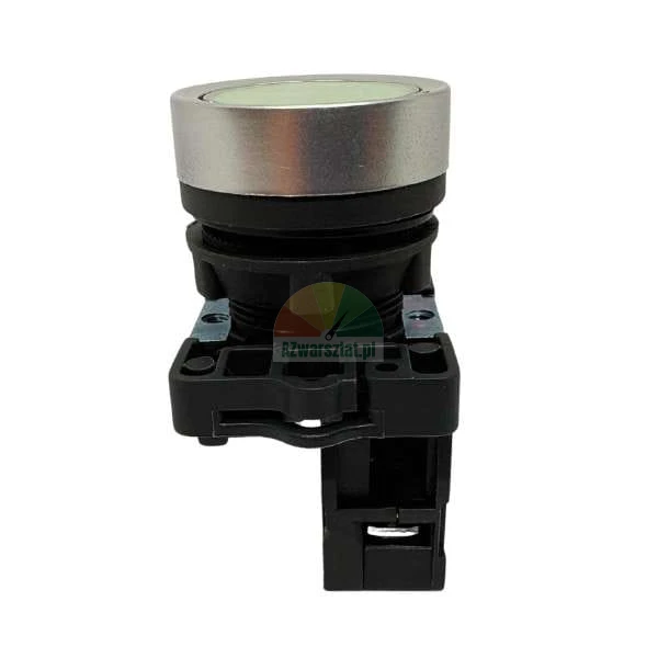 Industrial push button switch with a silver bezel and flat translucent white lens, mounted on a black plastic assembly.