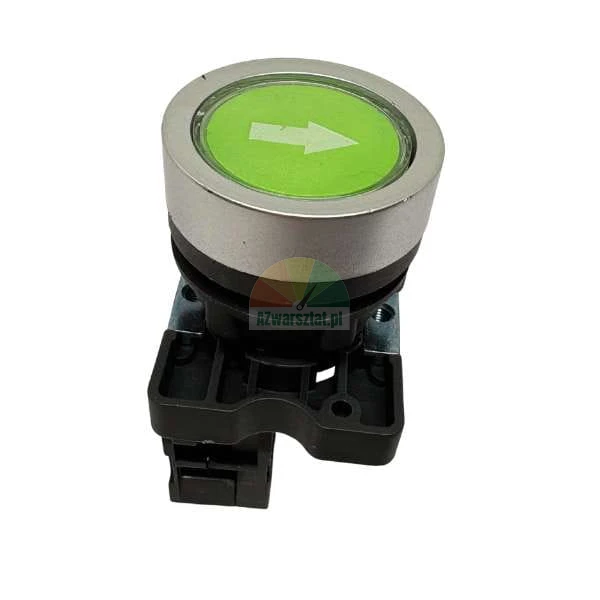 Industrial green push button with a white arrow and silver metal bezel