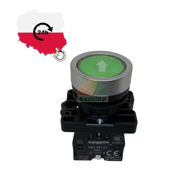 Green flat industrial push-button with a white up arrow, model NB2-BE101 (NO) APBION, mounted on a black contact block.
