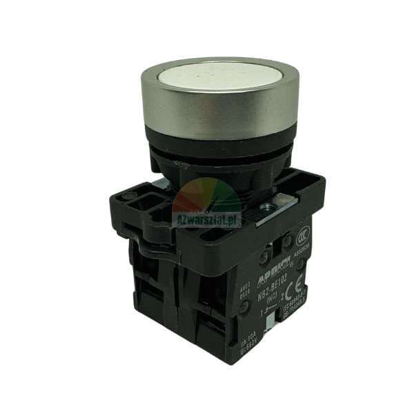 White flat momentary pushbutton with metal bezel NB2-BE102.