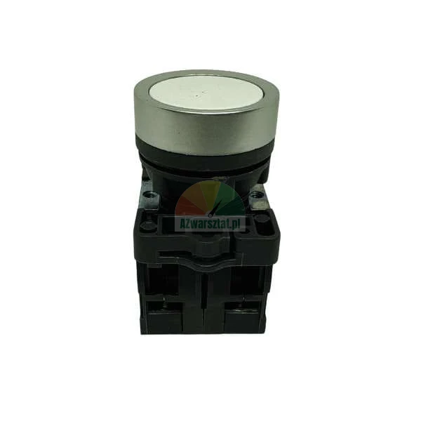 Round industrial push button with silver bezel and white top on a black plastic base